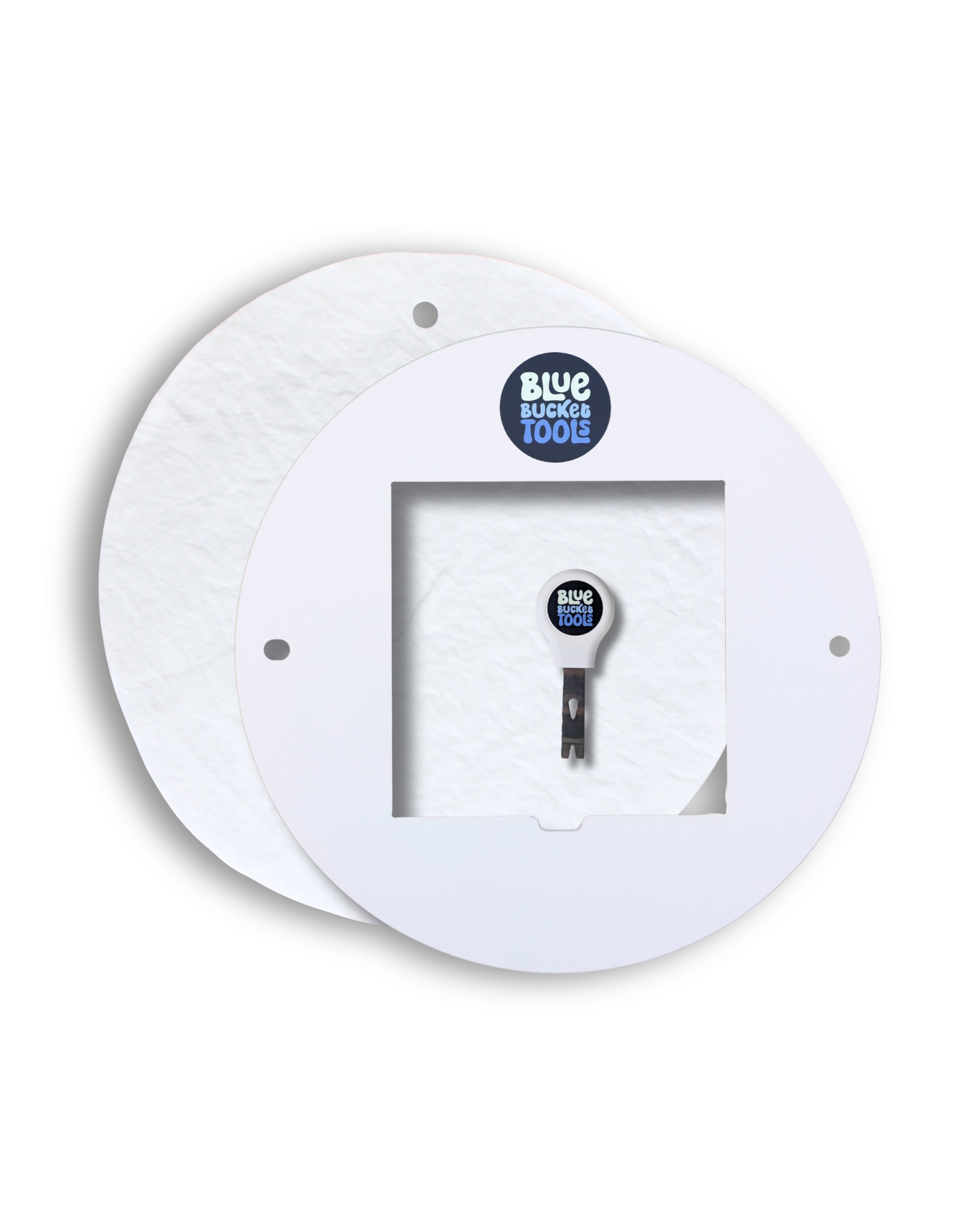 White wall plate with a keyhole and 'Blue Bucket Tools' label on a white background