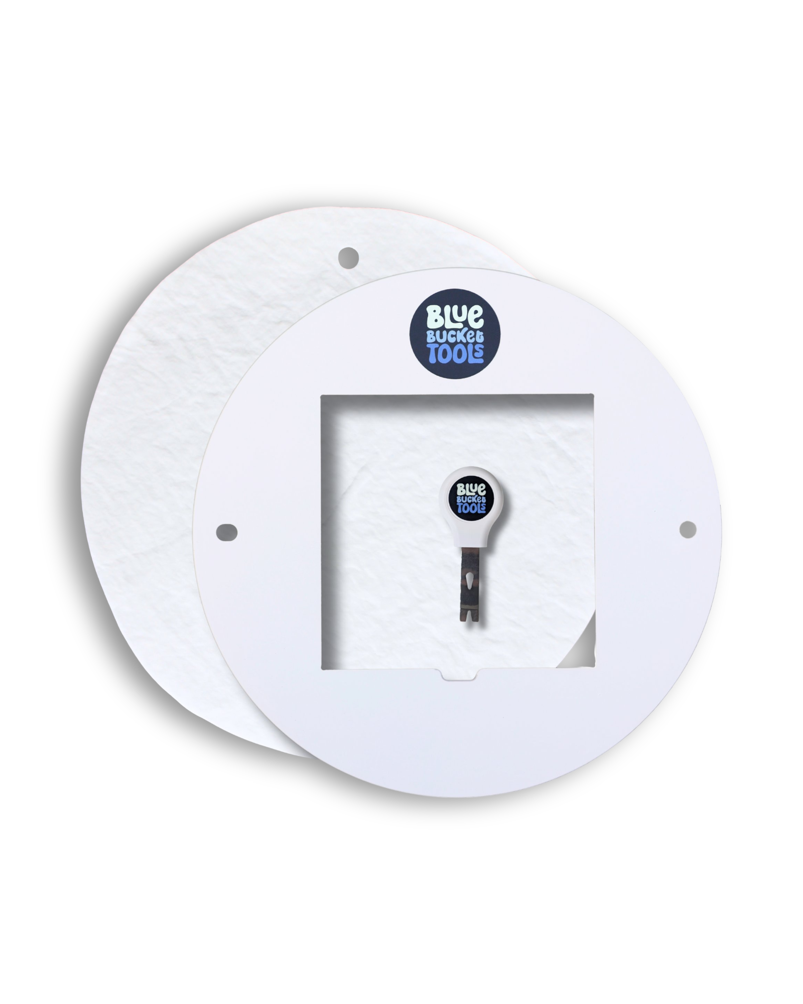 White wall plate with a keyhole and 'Blue Bucket Tools' label on a white background